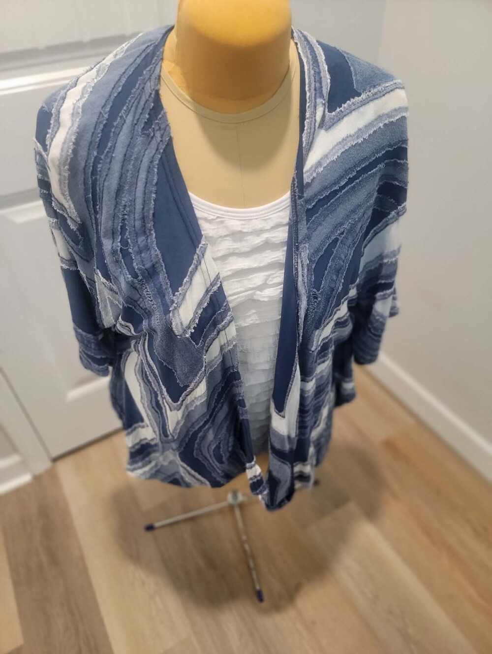 Plus Size Kimono Blue and White Paired w/ White Ruffled Tank Top Travel Elements
